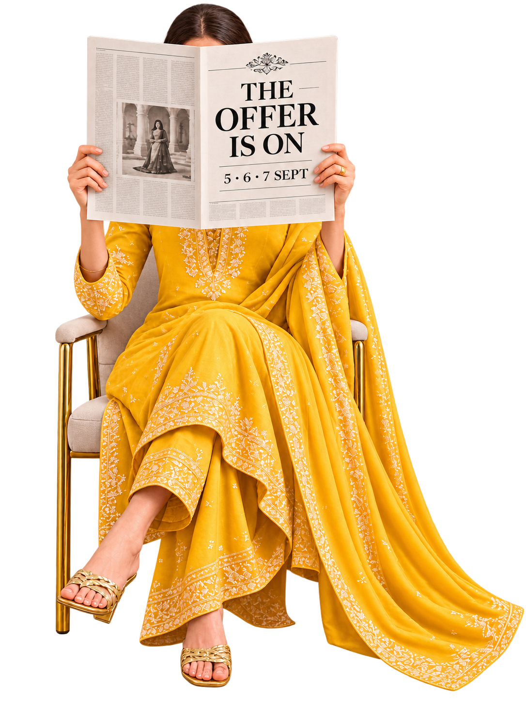 VISAGA anniversary campaign model holding The Sale Is On newspaper